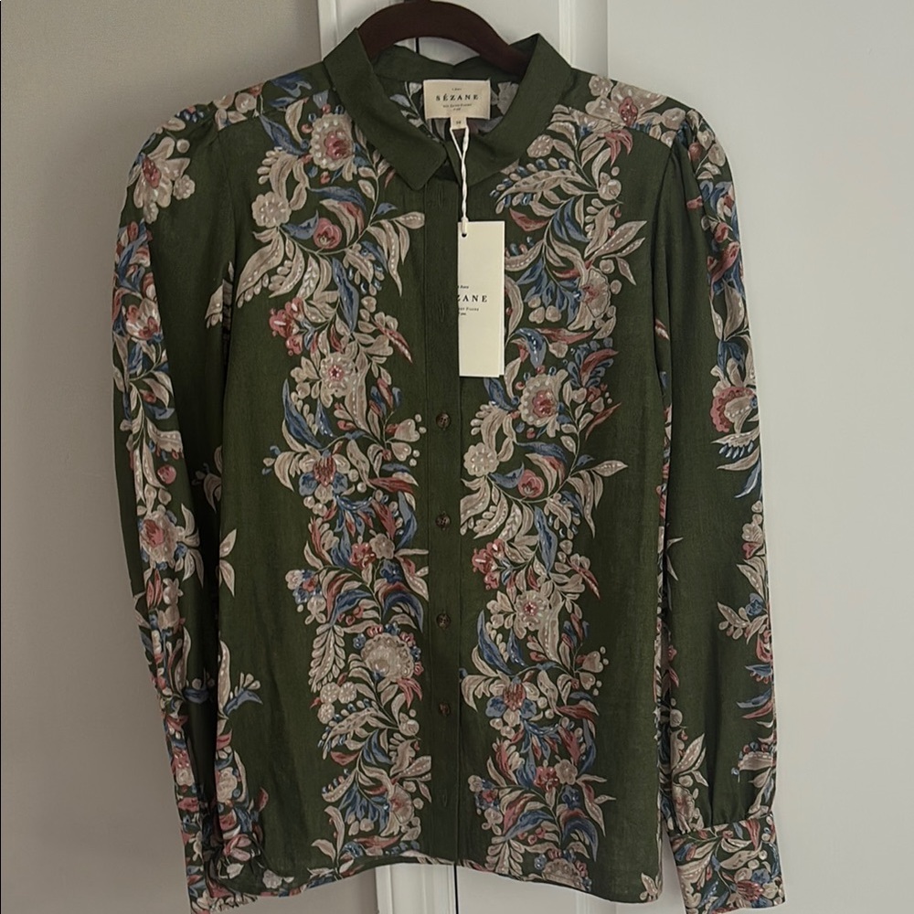 Sezane Green Linen Floral Print Blouse